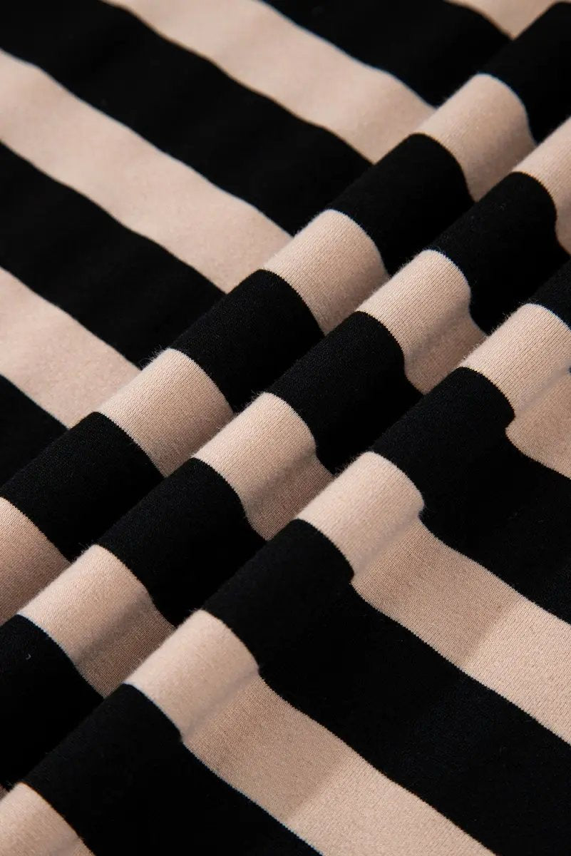 Black Stripe Casual Round Neck T-shirt Maxi Dress with Pockets - Love Salve